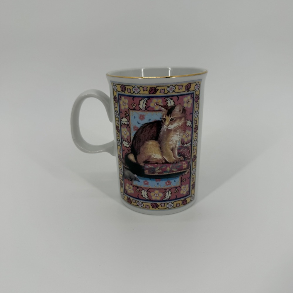 Russ Berrie Vintage Cat Coffee Mug Floral Gold Rim Ceramic Tea Cup 12517